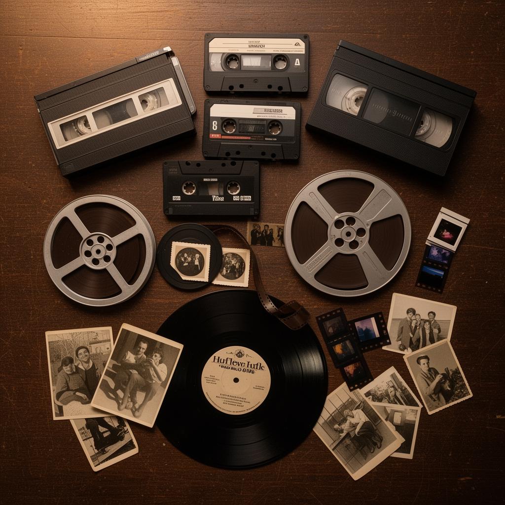 Collection of vintage media formats including VHS tapes, audio cassettes, film reels, vinyl records, and 35mm slides